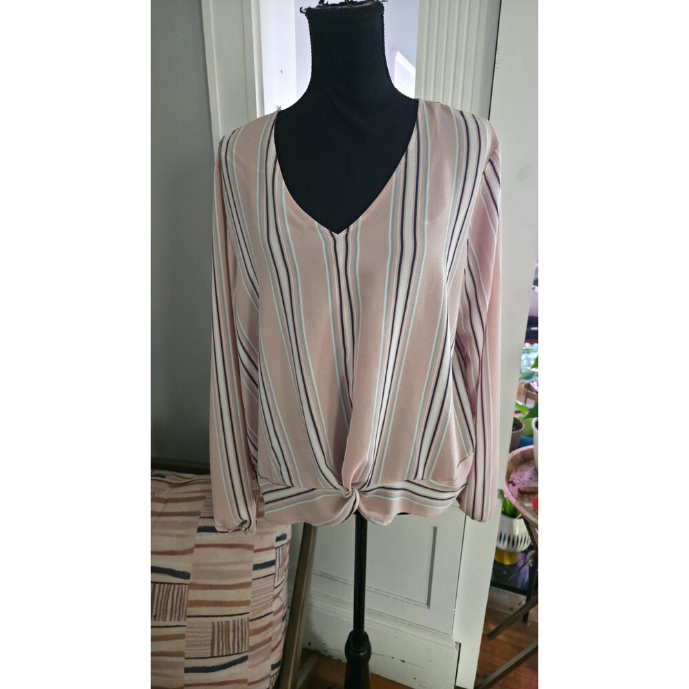 Pink Republic Women’s Pink White Blue Striped V-Neck Twist Blouse L/XL